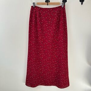 Vintage Floral Maxi Skirt Made in Canada Cherry Red Fully Lined